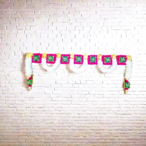 Pink and white Swastik Toran with golden accents for main door decoration – 38 inches