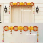 Madhuram Toran – Red and Yellow Floral Door Hanging Bandanwar with circular motifs and bells for festive home décor