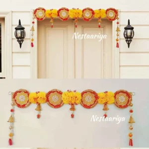 Madhuram Toran – Red and Yellow Floral Door Hanging Bandanwar with circular motifs and bells for festive home décor