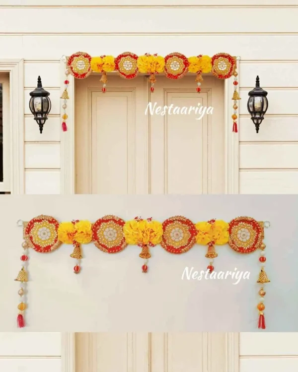 Madhuram Toran – Red and Yellow Floral Door Hanging Bandanwar with circular motifs and bells for festive home décor