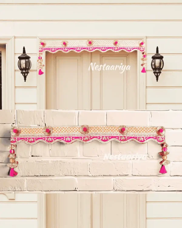 Fiesta Toran – Pink and Yellow Floral Door Bandanwar with tassels for festive home entrance décor