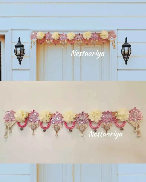 Padmapriya Lotus Toran – Pink Lotus Flower Door Hanging Bandanwar with beads and tassels for pooja room and entrance