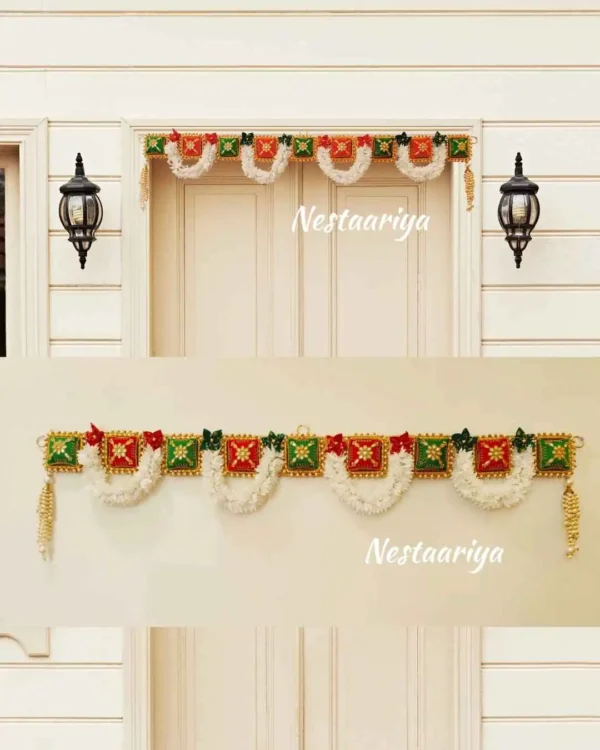 Utsav Toran – Multicolor red and green festive door hanging with pearl motifs and white garlands for home entrance décor