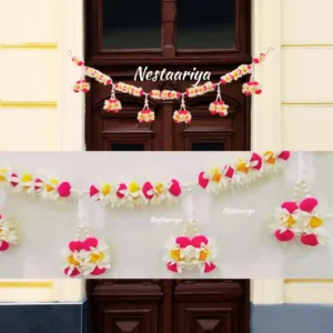 Nestaariya Floral Bliss Toran with pink, white, yellow flowers and pearl hangings – festive door bandanwar for main doors and pooja rooms