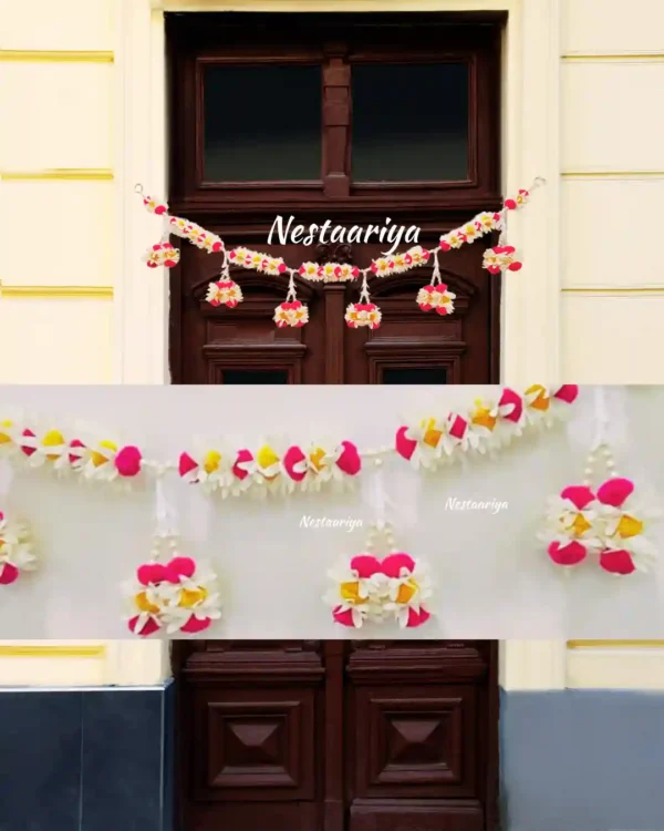 Nestaariya Floral Bliss Toran with pink, white, yellow flowers and pearl hangings – festive door bandanwar for main doors and pooja rooms