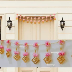 Nestaariya Pink Flower Swastik Toran with pearl beads – handcrafted auspicious floral door hanging for main doors and pooja room décor