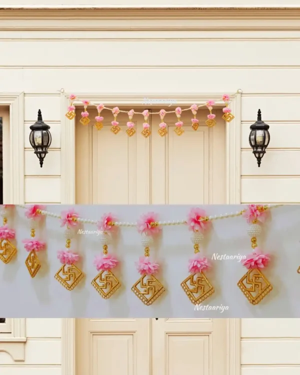 Nestaariya Pink Flower Swastik Toran with pearl beads – handcrafted auspicious floral door hanging for main doors and pooja room décor