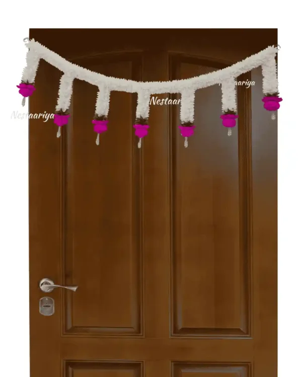 Nestaariya Gajra Rose Toran with white gajra fabric and pink roses – festive door hanging