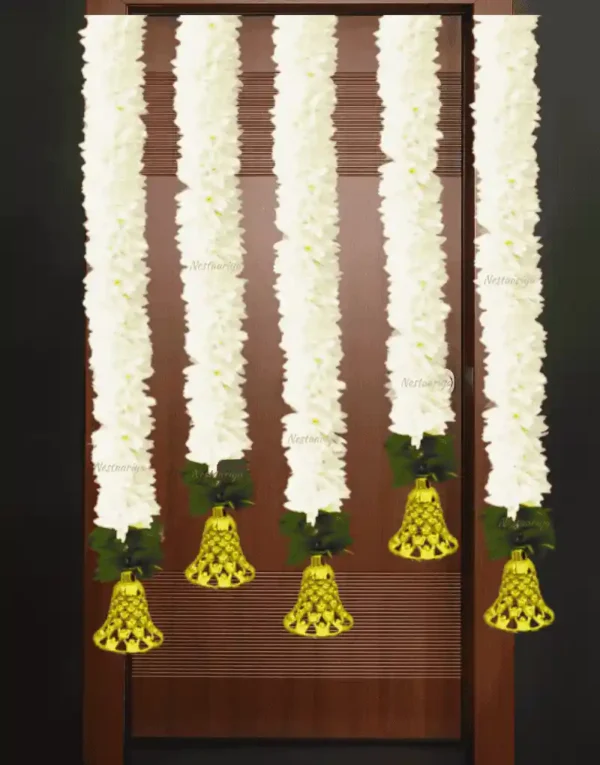 Nestaariya Gajra Strings with Bells Pack of 6 – off-white jasmine gajra hangings with golden bells for pooja and festive décor
