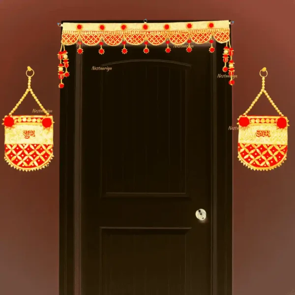 Nestaariya red and gold premium toran with matching Shubh Labh hangings – handcrafted festive door decoration