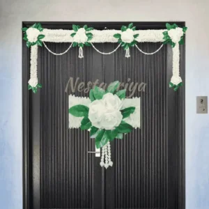 Nestaariya White Rose Door Toran with pearls and green leaves – elegant white floral bandhanwar for home entrance