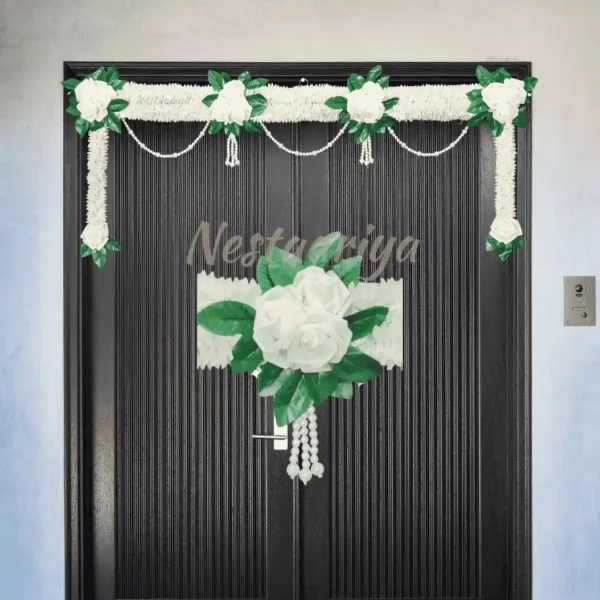 Nestaariya White Rose Door Toran with pearls and green leaves – elegant white floral bandhanwar for home entrance