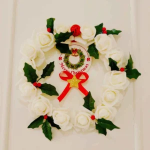 White Rose and Holly Leaves Christmas Wreath