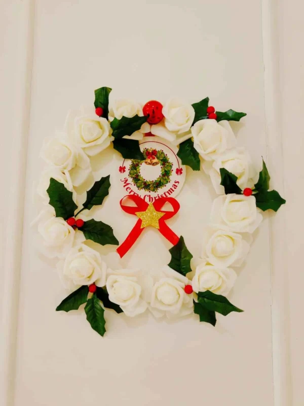 White Rose and Holly Leaves Christmas Wreath